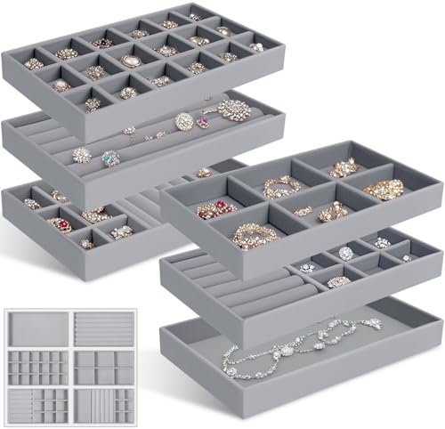 6 Pezzi Organizzatore Vassoio Gioielli Velluto, Espositore Gioielli Impilabili, Organizer Vassoi Porta, Inserto Cassetto per Conservare ed Esporre Orecchini, Collane, Anelli, Bracciali (Grigio)