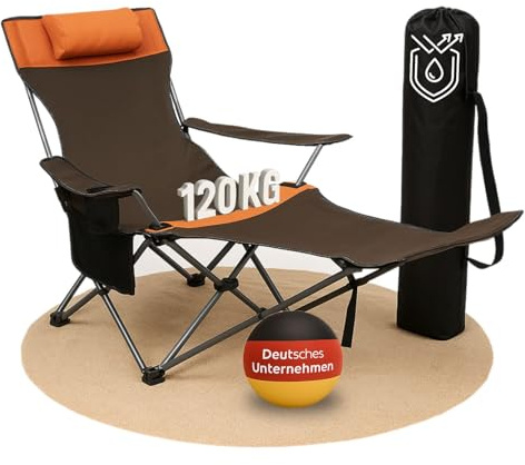 Coemo Campingstuhl, Braun, zusammenklappbar, verstellbar, Getränkehalter | Liegestuhl mit Kopfstütze, Tasche, Relaxliege leicht, tragbar, verstellbarer Faltstuhl, zusammenklappbarer Stuhl