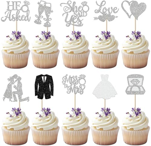 30 Stück Miss to Mrs Cupcake Toppers Glitzer Diamant Ring Kuchen Deko He Ask She Said Yes Tortendeko für Verlobung Hochzeiten Thema Party Kuchen Dekorationen Silber