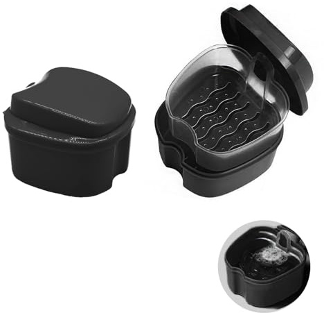 Rynvarl Aufbewahrungsbox für Zahnprothesen – 2 Stück, Aufbewahrungsbox mit Filter für Zahnzwischenräume, Reinigungsbadewanne, Zahnprothesen-Box, schwarz (9,5 x 9,3 x 6,8 cm)