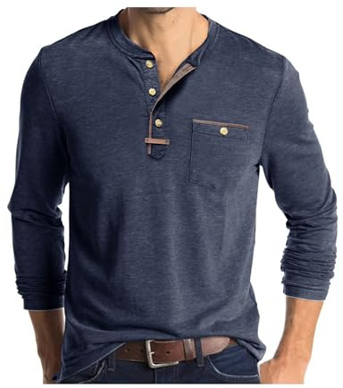 Henley T Shirt Manche Longue Homme Tshirt Col Roulé Boutonné Tee-Shirt Décontracté Coupe Régulière T-Shirts Bleu L