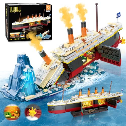 PLAXSOON Set di Costruzione 2 in 1 Titanic con Luci, Kit di Mattoncini Mini Nave Titanic 1935 PCS con Supporto per Ghiacciaia, Modello di Nave per Decorazione Domestica, Giocattolo di Mattoncini
