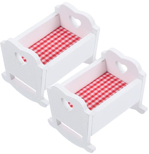 Milisten 2pcs Miniature Wooden Cradle Doll House Decoration Compact White Cot Model for Dollhouse Bedroom Smooth Surface Mini Bed Prop for Play and Collectible Display