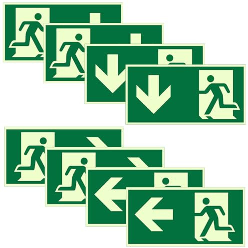 Notausgangsschild Nachleuchtend, 8 Stück Fluchtwegschild Rettungsweg Notausgang 300x150 mm, Selbstklebendes Design mit Pfeilen “Links”, “Rechts” und “Unten” für Hotels Schulen Bürogebäude Erste Hilfe