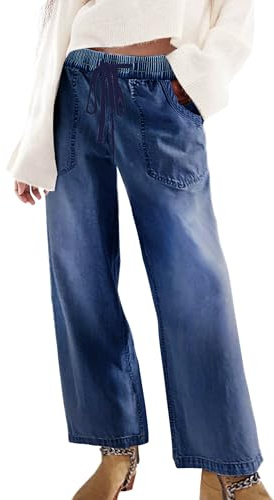 SESERAGI Womens Barrel Stretch Jeans Distressed Drawstring Wide Leg Loose Pull On Denim Jeans Pants Deep Blue M