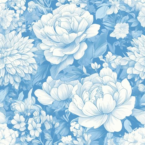Klebefolie für Wände Retro Blume Blau Weiß Pfingstrose Blume Mustertapete Klebefolie Möbel Muster Tapeten Klebetapete Vinyl Wrap Wandtapete Wohnzimmer Schlafzimmer Möbelfolie Bunt Wasserdicht Wallpap