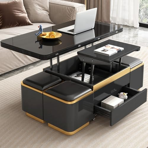 Guyii Höhenverstellbarer Couchtisch 120 cm lang mit Ablage, Multifunktionaler Cauchsofa Tisch, Coffee Table mit integriertem Stauraum und Klapptisch, Moderner Design für Wohnzimmer (schwarz)