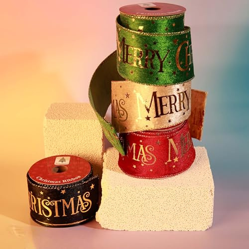 Regendeko Breites Weihnachtsband Geschenkband, 4 Stück, 3 Yard (2.74m) Rot Grün Schwarz Gold, Geschenkfolie Schleifenband, Geschenkverpackung, Weihnachtsschmuck, Ribbon