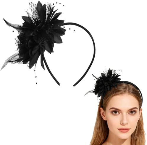 YUVKIN Feder Haarreif mit Künstlichen Blumen, 1920er Fascinator Kopfschmuck für Damen, 20er Jahre Stirnband für Karneval Cocktail Hochzeit Tee-Party Accessoires (Schwarz)