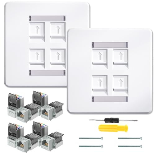 Acmerota CAT6 4-Port CAT6 Socket Ethernet Faceplate RJ45 Socket Wall Plate Quad 4-Port Ethernet Wall Scoket Cable Networking Box 86mm, with Tool-Free Network Connector Module