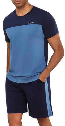 Litherday Pijama Corto de Hombre Conjunto de Verano con Camiseta de Cuello en Redondo y Pantalón Corto con Bolsillos Dormir y Estar en Casa