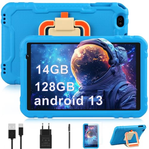 fezawio Tablette pour Enfants 10 Pouces, système Android 13, 14 Go de RAM + 128 Go de ROM (Carte TF 512 Go), Double caméra, Wi-FI 2,4 GHz, livrée avec Une Coque de Protection en EVA, Bleu