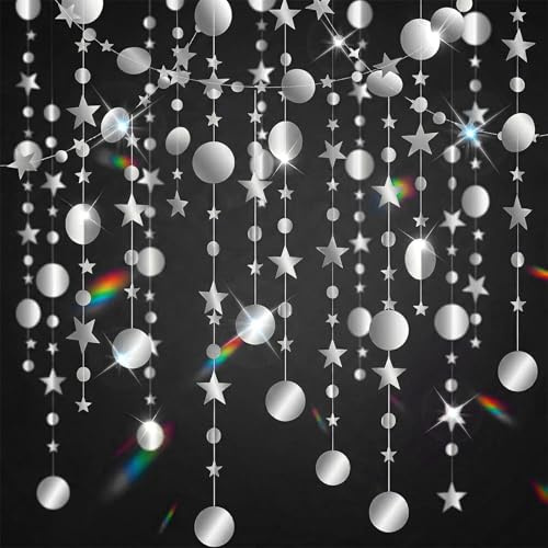 Ghirlanda di carta con stelle, 4 m x 3 glitter da appendere, rotonda e stella, in carta olografica, decorazione per feste di compleanno, anniversario, matrimonio (argento)
