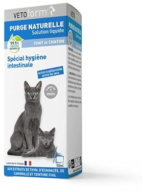 VETOFORM | Purge Naturelle Liquide pour Chat et Chaton | Ail, Échinacée, Thym, Camomille | Ingrédients d’Origine Naturelle | Soutien de l’hygiène Digestive & du Confort intestinal | 50 ML