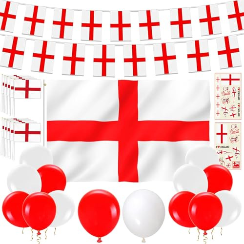 World Cup Decorations 2026, England Bunting England Flag Decorations for the 2026 World Cup St Georges Flag Hand Small Flags with Handle ideal for the World Cups Football Matches Celebrations Parties