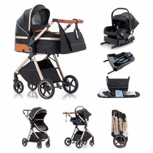 Kakbgee 3 in 1 Kinderwagen, Buggy Faltbar, 7-höhenverstellbarem Griff | Babyschale & Basis, 4-Rad Federung, Regenschutz, Moskitonetz, Kombikinderwagen für Neugeborene 0-3 Jahre (15kg), Schwarz