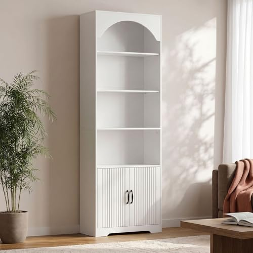 IRONCK Bücherregal mit Türen, 180cm Hohes Gewölbtes Bücherregal, 6-stufiges Freistehendes Präsentationsregal mit 2 Haken, Offenes Regal für Büro, Wohnzimmer