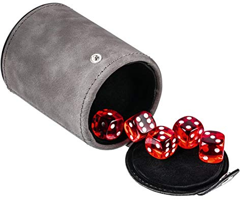 REFLECTS Würfelbecher für unterwegs mit 5 Würfeln rot in verschließbarem Fach am Boden