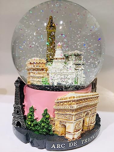 Bola de nieve Torre Eiffel y otros monumentos de París – rosa – Gran tamaño 14 cm – Base de resina de calidad y globo de cristal – Monumentos de París grabados en 3D – Nieve brillante – Color rosa