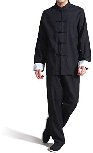 Men's Cotton Linen Kung Fu Suit Chinese Martial Arts Uniform Meditation Suit Roll-Up Sleeve Frog Button Shirt Pants Outfit (Black, XXL)