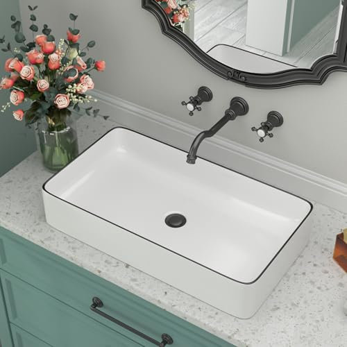 Rectangular White Vessel Sink - Beslend 24”x14” White Drop In Ceramic Bathrrom Sink with Black Rim Retangle Porcelain Vessel Sink Above Counter Sink Modern Art Hand Wash Basin Easy Installtion