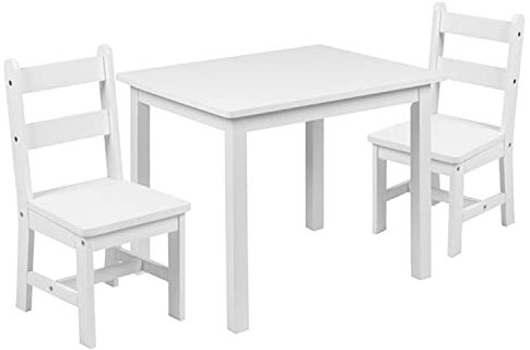 Flash Furniture Kinder Massivholz Tisch und Stuhl Set für Spielzimmer, Schlafzimmer, Küche – 3-teiliges Set – Weiß, Mittel