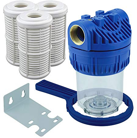 FILTROTECH Wasserfilter 5 Zoll Vorfilter inkl. 3 Siebfiltern | Waschbar und wiederverwendbar, fuer Gartenpumpe und Hauswasserwerk, 1 Zoll Metallgewinde