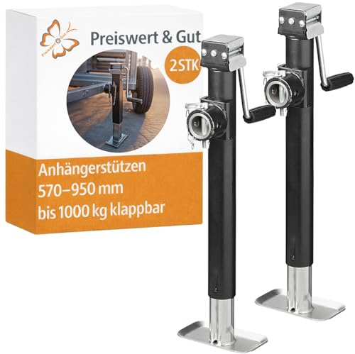 2 STK Anhängerstützen Wohnmobil verzinkt 570 bis 950 mm mit Handkurbel | Ausdrehstütze und klappbare Kurbelstütze bis 1000 kg mit Flansch und Sicherungsbolzen für Anhänger und Wohnmobil