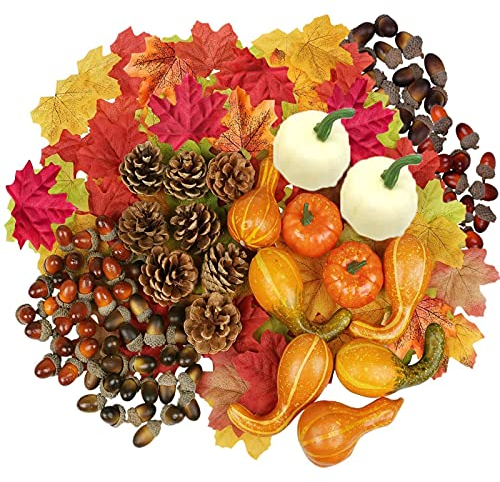 HBell 172pcs Thanksgiving and Halloween Artificial Pumpkins Set - Mini Fake Pumpkins, Pine Cones, Maple Leaves, Acorns - Autumn Decor for Fall, Christmas, Wedding, Home, Table