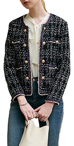 Moda Donna Giacca In Tweed Cappotto A Maniche Lunghe Elegante Vintage Alta Qualità Cappotto Doppiopetto Semplicità Confortevole Top Chic,Nero,3XL