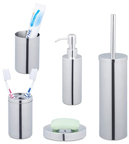 Relaxdays Set Bagno Completo, 5 Accessori, Kit WC Acciaio Inox Lucido, Portaspazzolino, Sapone e Saponetta, Argento