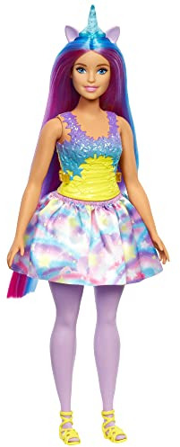 Barbie Dreamtopia Einhorn Prinzessin Puppe mit blauen & violetten Haaren, blaues Einhornhorn & -Ohren, Prinzessinnenrock, Violette Strumpfhose, gelbe Schuhe, inkl Puppe, als Geschenk geeignet