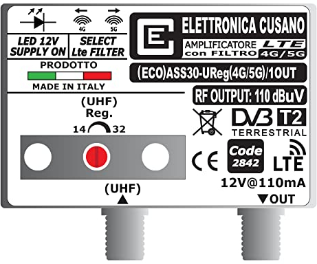 (ECO) ASS30-UReg(4G/5G)/1OUT - Amplificatore Antenna TV con Filtro LTE 4G e 5G (Selezionabile), Amplificatore Antenna da Palo, 1 Ingresso UHF, Gain 30dB, Amplificatore Antenna 1 Uscita, Made in Italy