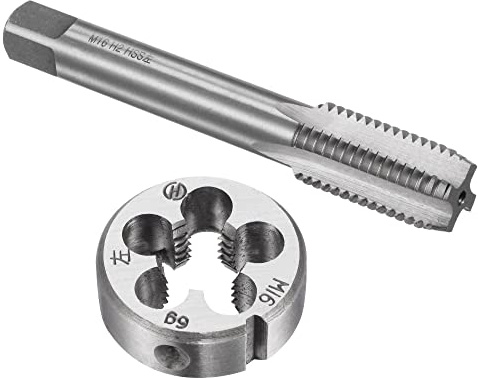 sourcing map Gewindebohrer und Schneideisen Sets, M16 x 2 metrische linke Handschraube Gewinde Fräsen Gerade Rillenbohrer mit rundem Gewindeschneider