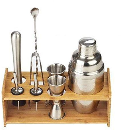 Coctelera Bar Set 9 PCS Shaker Mixer Cocktail Set con soporte de madera Barra de acero inoxidable Coctelera Shaker Mixer Kit Bar Bartender Tools Set Sólido Durable Acero inoxidable Bartender Kit (75