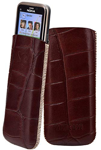 Suncase Original Leder Etui kompatibel mit Nokia 6303 Classic Hülle Tasche Ultra Slim Ledertasche Schutzhülle Case (mit Rückzuglasche) in Croco-braun