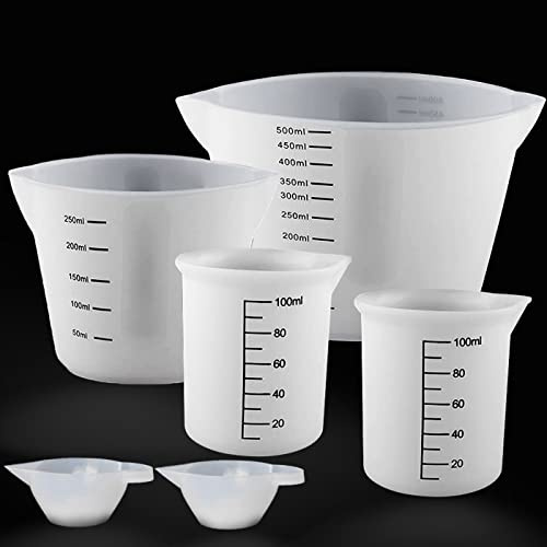 XIMUHO 6 Stück Silikon Messbecher Krüge, Silikonbecher 500ml/250ml/100ml/15ml Epoxidharz Mischbecher mit Skala Clear, Silikon Messbecher Set für Epoxy Resin, DIY, Basteln, Labor