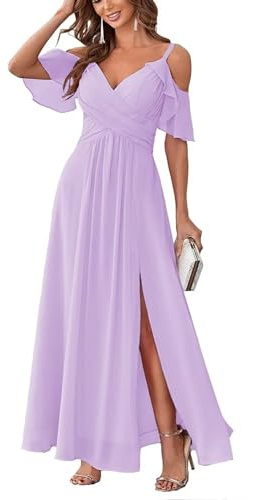 Damen Schulterfrei Brautjungfernkleider lang Chiffon plissiert formelle Abendkleider A Linie Spaghetti-träger Ballkleider