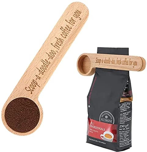 Funny 2 in 1 Wooden Coffee Scoop with Bag Clip - Coffee Accessories birthday presents for women or gifts for men - Coffee Gift suitable for Ground Coffee and Beans -barista accessories (Design 4)