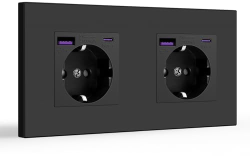 BSEED 2 Fach Schuko Steckdose USB C 20W Schnellladen, Doppelsteckdose, USB Steckdose unterputz mit Type C, PC Panel Steckdosen Kindersicherung, Einbausteckdose, Schwarz -157mm