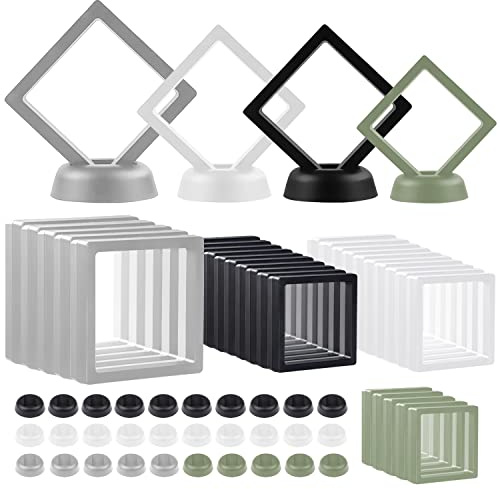 30 pièces 3D Flottant Présentoirs, CNYMANY 11cm 9cm 7cm Présentoir de pièces de défi avec Socle, Cadres de Suspension en PE Récipient pour Médaillon Ébrécher Bijoux Épingle Pierre Timbre Spécimen