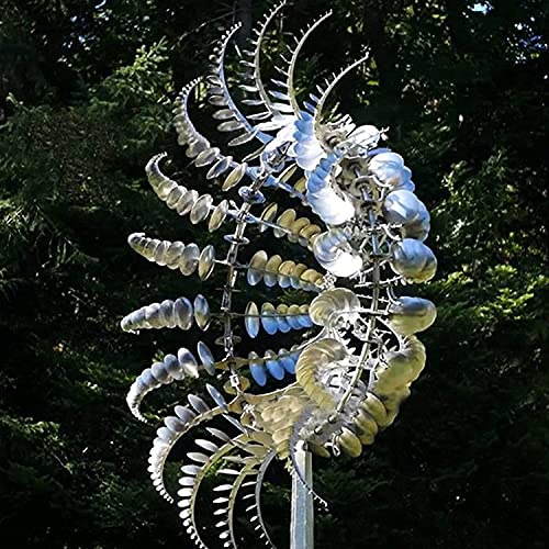 HZEACHAI Einzigartige Fantasy-Windmühle aus Metall, 3D-windbetriebene kinetische Skulptur, zweistufige entgegengesetzte Richtung, Edelstahl-Windspiel, Silber, 2 Stück