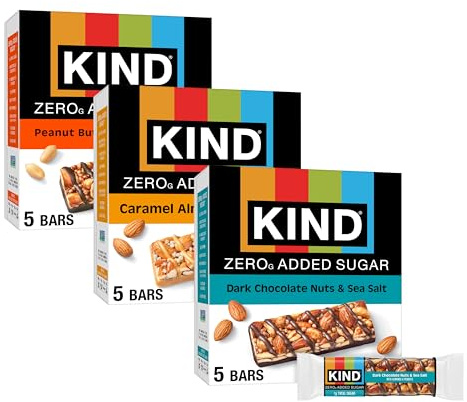 KIND ZERO Added Sugar Bars, Variety Pack, Dark Chocolate Nuts & Sea Salt, Caramel Almond & Sea Salt, Peanut Butter Dark Chocolate, Keto Friendly Snacks, Gluten Free, 5g Protein, 15 Count