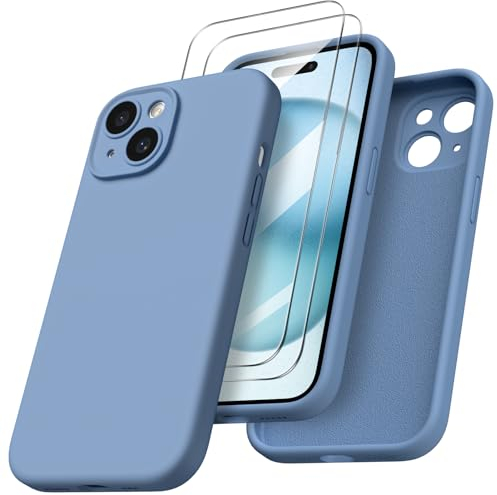 ORNARTO für iPhone 15 Hülle mit Kameraschutz und 2 Schutzfolien, flüssigem Silikon Handyhülle iPhone 15 6.1 Zoll mit Kamera Schutz, stoßfeste iPhone 15 Schutzhülle mit Mikrofaser - Französisch Blau