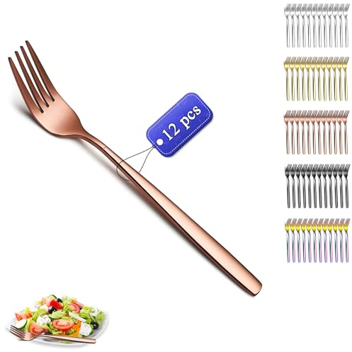 Kyraton Rose Gold Dinner Forks Set of 12 Pieces, 18.3cm Titanium Copper Plating Stainless Steel Table Forks Cutlery Set for Home, Restaurant, Hotel, Dishwasher Safe