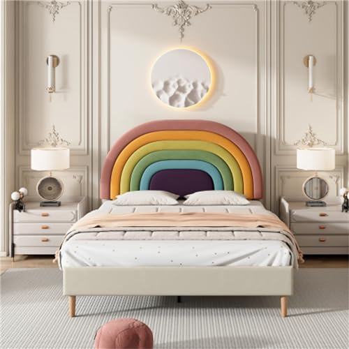 hrijusdif Kinder-Polsterbett mit Holzlattenrost, Einzelbett, Regenbogenbett, höhenverstellbares Kopfteil, einfache Montage (Beige + 140x200)