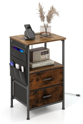 COSTWAY Table de Chevet avec Prise, Table d'Appoint avec Station de Charge, 2 Tiroirs Pliables, 6 Poches Latérales, Chevet de Lit pour Chambre, Salon, Marron Rustique (1, Marron Rustique)