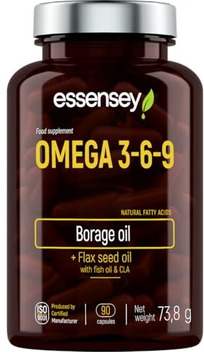 Essensey Omega 3 6 9 Complex 90 High Strength Vegan Capsules | Complex Dietary Supplement | Natural Fatty acids | Triple Omega 369 with EPA, DHA & ALA from Borage, Fish, Linseed Oil