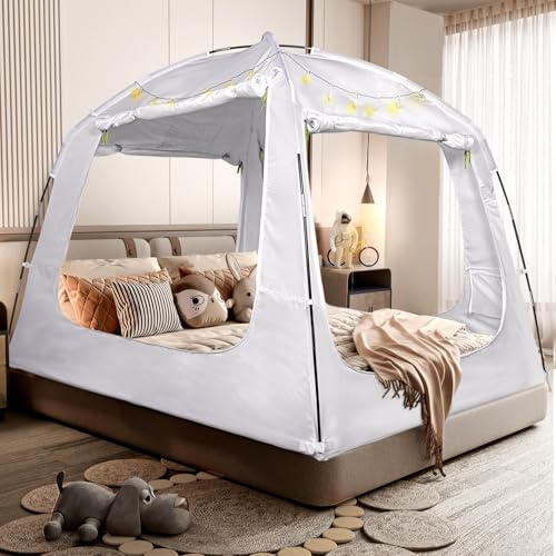 RIYDH Bed Tent Bed Canopy Queen Size for Kid and Adults 100% Breathable Tents 4 Doors 80% Blackout - Indoor Portable Sleeping Tents Privacy Large Space with String Light