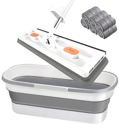 Mopa plana grande con rotación de 360 grados, mopa de microfibra ajustable de acero inoxidable y raspador de deshidratación blanco (mopa + 6)